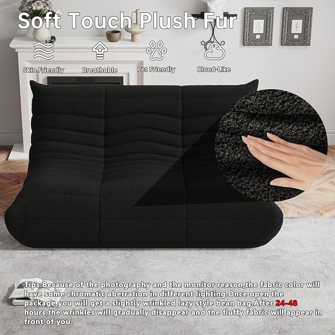 Bean Bag Chairs for Adults, Memory Foam Couch Loveseat Sofa Chair, Soft Teddy Material Cozy Comfy Reading Nook Chairs, Floor Chair for Living Room Bedroom Office(Black)