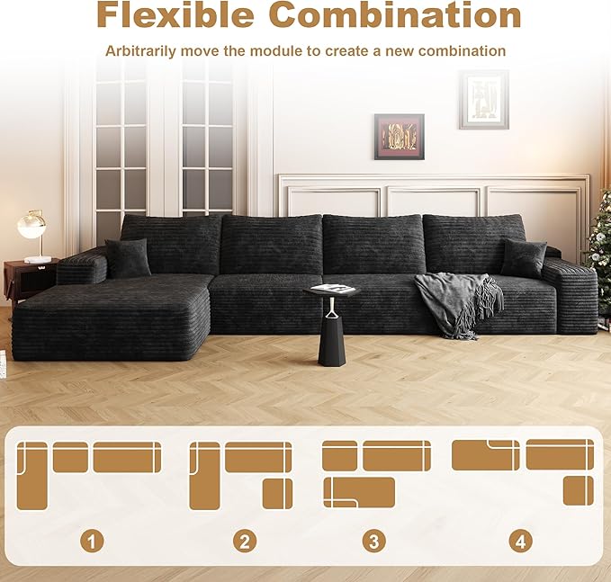 AUGOP 136" Sectional Couches for Living Room Modern Modular Sofa with L-Shape Couchs Upholstered Boneless Couch Deep Seat Sectional Couch with Chaise (Black, Left Facing Chaise+3Seaters)