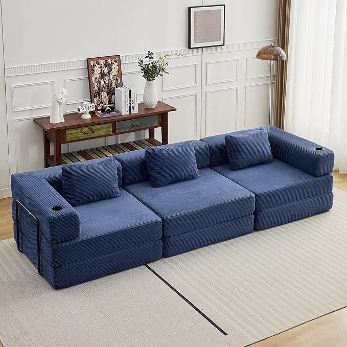 118" Oversized Convertible Floor Sofa Bed, Boneless Foldable Mattress Cloud Couch with Pillow Back & Armrest, Fold Out Floor Couch with Cup Holder for Living Room Bedroom Lounge, Corduroy, Navy Blue