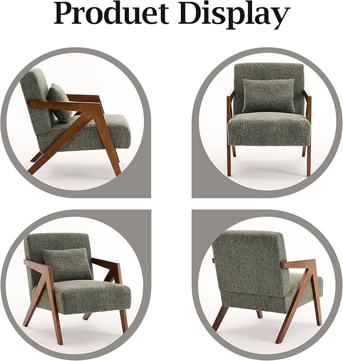 Mid-Century Modern Accent Chair Set of 2 with Solid Wood Frame，Upholstered Chenille Living Room Arm Chairs with Pillow for Bedroom, Living Room, Reading Room, Balcony, Green
