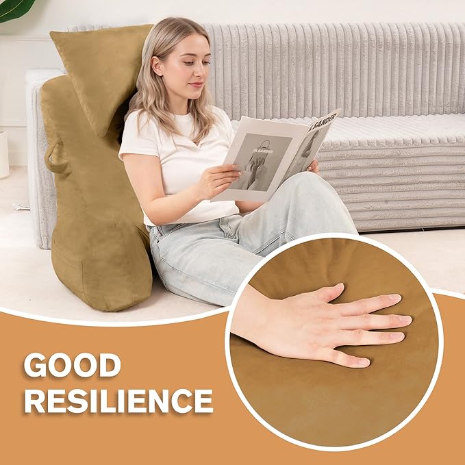 Unisakey Portable Reading Pillows with Headrest for Bed Sitting Up(Camel Oeko-Tex), Velvet Back Pillow with Arms & Pockets for Adults, Support Memory Foam Bed Pillow for Dorm/Reading/Watching/Gaming