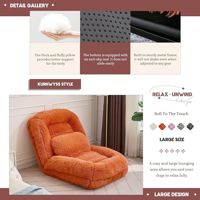 Upholstered Human Dog Bed for Adult & Pets, Convertible Lazy Sofa Bed with 5 Adjustable Position, Comfy Tatami Bean Bag Lounge Chair with 2 Soft Pillows for Bedroom Living Room (Orange Fluffy)