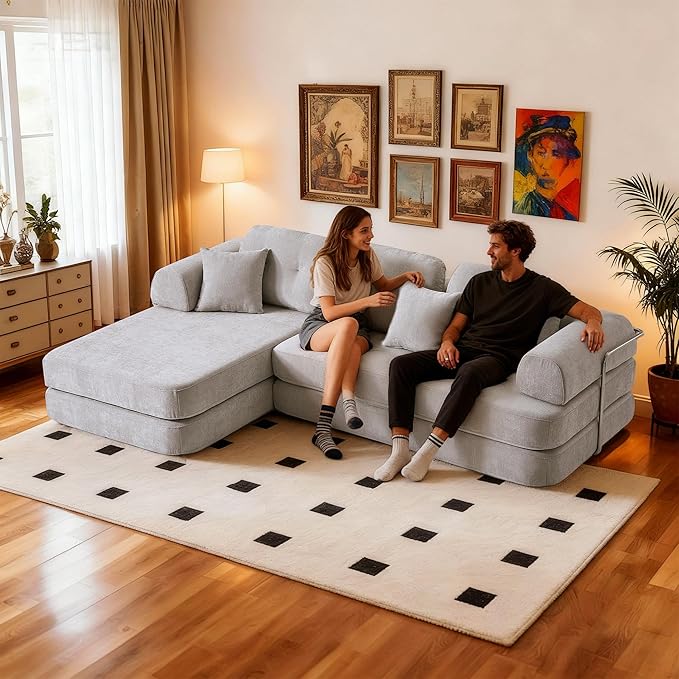 SUYOLS L Shaped 104" Modular Sectional Sofa Bed with Pillows, 8-in-1 Convertible Couch,Sturdy Stainless Steel Frame,Removable Washable Cover,High Resilience Sponge,for Living Room,Apartment,Light Gray