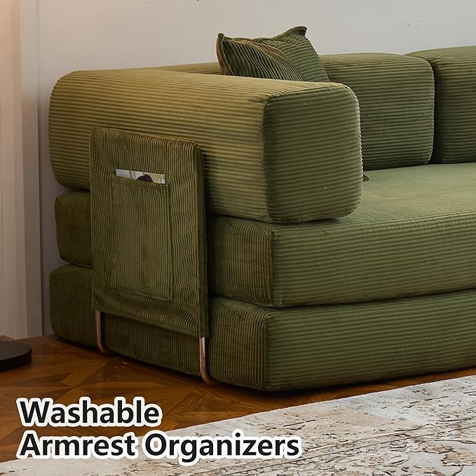LIAROO 98.4" Convertible Sofa Bed - Compression Sofa with Corduroy Fabric - with Armrests and Backrest - Modular Sectional for Living Room, Bedroom, Studio - Compression Sofa in Box (Green)