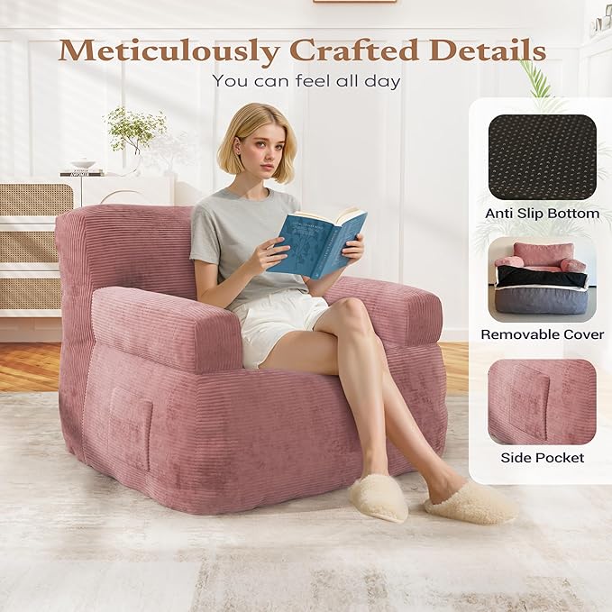 Giant Bean Bag Chair for Adults, Plush Big Bean Bag Lounger Chair with Shredded Foam Filling, Oversized Comfy Floor Sofa Couch with Side Pocket for Bedroom Living Room, Pink