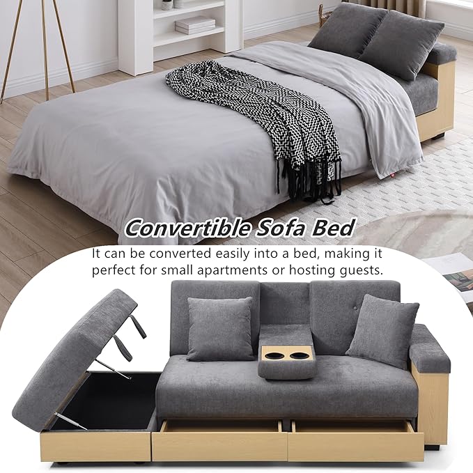 Roockky Convertible Sofa Bed, 85" Folding Sectional Sleeper Sofa with Storage Ottoman, Drawers, Built-in Bookshelves and 2 Cup Holders, Linen (Gray)