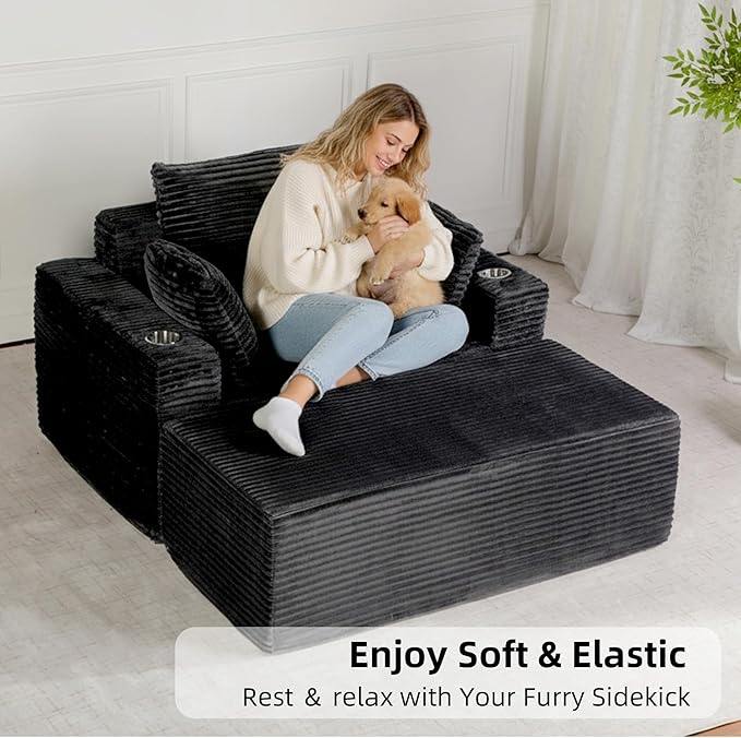 54"W Oversized Chaise Lounge Chair Indoor, Boneless Chaise Lounge Couch, Convertible Comfy Reading Chairs, Corduroy Sleeper Couch Chair for Living Room, Compression Sofa with Ottoman, Dark Grey