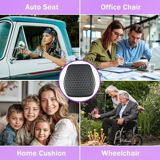 Binsheo Thin Gel Seat Cushion for Car Seat, Office Chair, Wheelchair, Golf Cart - Non-Slip Car Seat Cushions with 0.7 Inch Gel - Sciatica & Coccyx Pain Relief (Leather, Black)