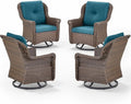 ACTREST Patio Chairs Outdoor Swivel Glider - Set of 4 High Back Outside Brown Wicker Rattan Rocking Chair with Thick Cushion for Porch Apartment Deck Yard Poolside Garden - Peacock Blue