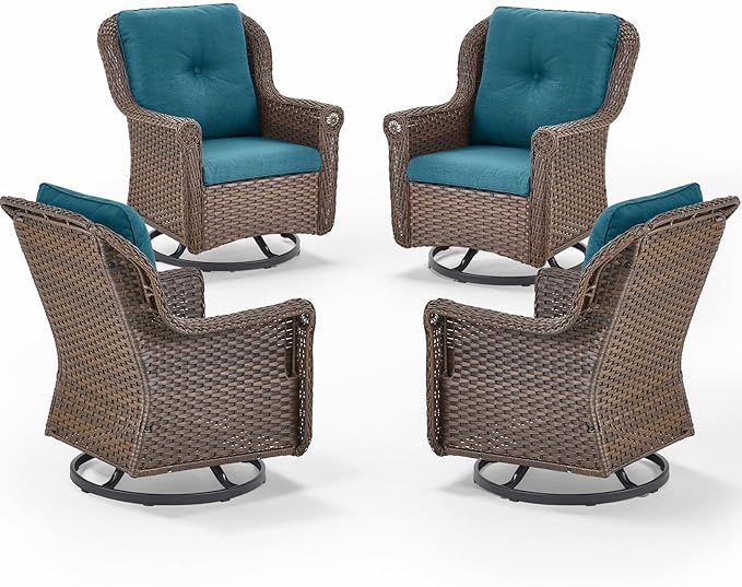 ACTREST Patio Chairs Outdoor Swivel Glider - Set of 4 High Back Outside Brown Wicker Rattan Rocking Chair with Thick Cushion for Porch Apartment Deck Yard Poolside Garden - Peacock Blue