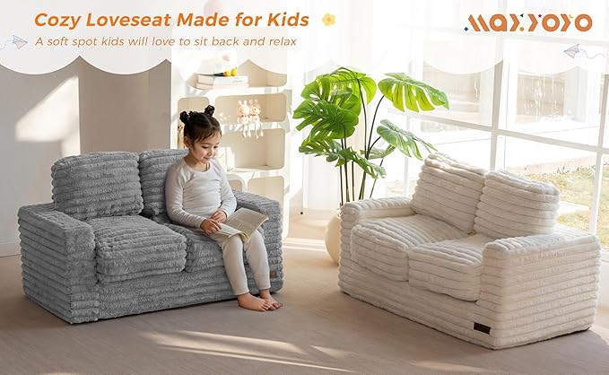 MAXYOYO Extra Wide Kids Bean Bag Chair, Comfy Faux Fur Bean Bag Sofa with Filler, Upholstered Floor Sofa with Pillows and Armrests, Lazy Floor Chair Couch for Boys and Girls, Beige