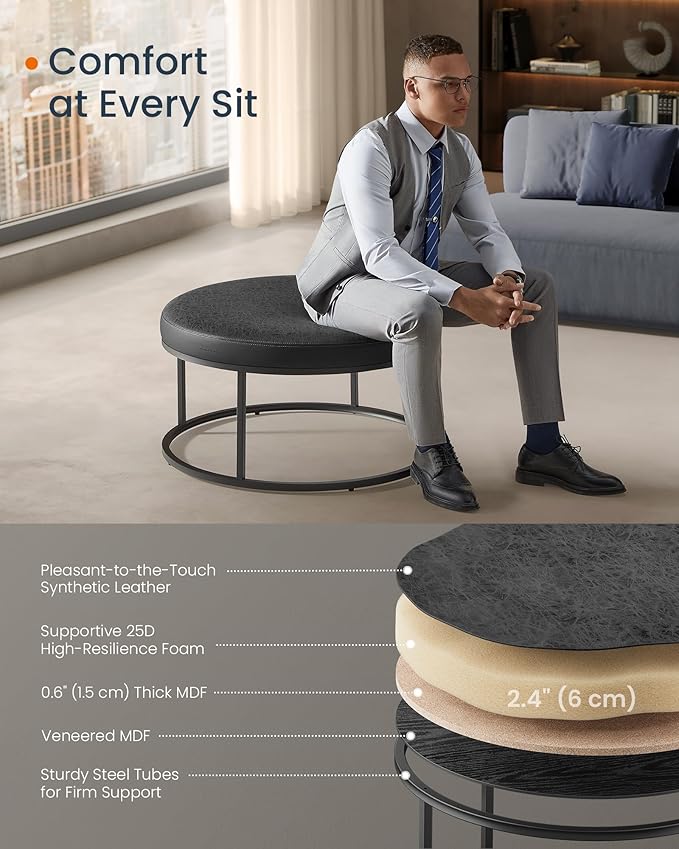 SONGMICS HOME LUIZ Collection - Ottoman, Round Coffee Table, Footstool, Reversible Top, Padded Seat, Side Table, Minimalist, Steel Frame, Max. Load 660 lb, for Living Room, Ink Black ULOM078B01