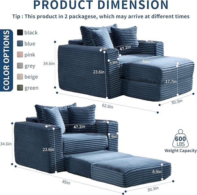 Boneless Chaise Lounge Chair Indoor, All-Foam Convertible Lounge Chair with No Frame, Wide Reclining Floor Lounger for Reading, Napping & Relaxation, No Assembly Needed (Blue)