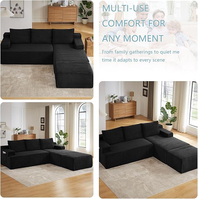 96" W Cloud Sectional Couch with Ottoman,Modern U-Shaped Cloud Couch with Side Pockets,Comfy Corduroy 3-Seater Sofa,Memory Foam Sofa for Living Room,No Assembly (Black,Right-Facing Chaise)