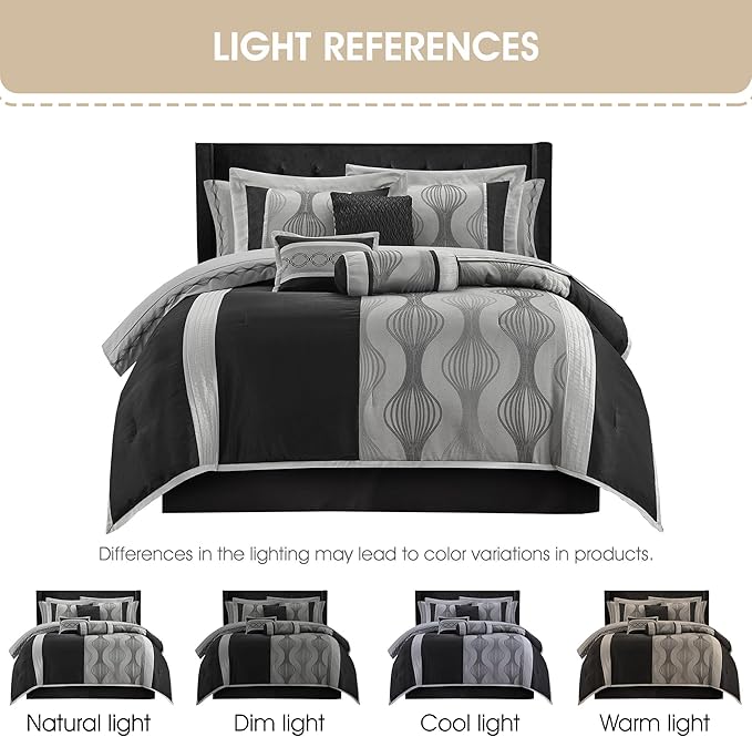 Grand Avenue Elegant Black and Silver Comforter Set King Size, Striped,15 Piece Room-in-A-Bag, Jacquard Bedding Set, All Season, Matching Decorative Pillows, Pillow Sham, Curtains