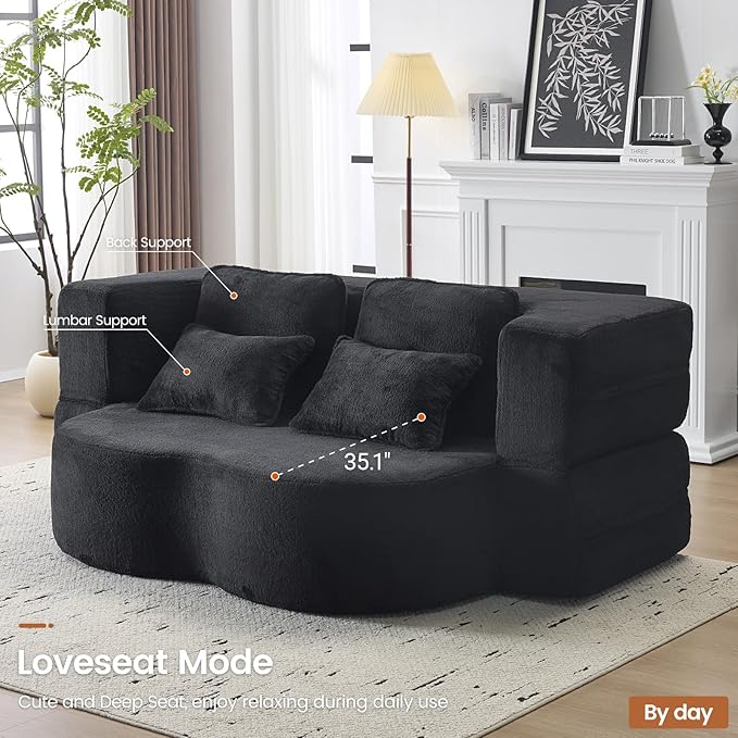 Orynveela Convertible Folding Sofa Bed, 78” Full Size Sleeper Loveseat, Chenille Full Foam Floor Couch for Living Room Bedroom, No Assembly Required (Black)