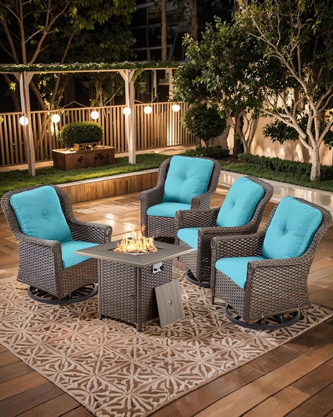 ACTREST Outdoor Patio Swivel Gliders with Fire Pit Table 5 Piece Set - High Back Brown Wicker Rattan Rocking Chair with Thick Cushion for Porch Apartment Deck Yard Poolside Garden - Turquoise