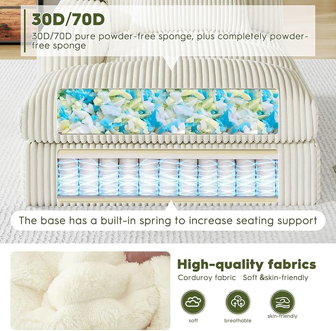 Oversized Chaise Lounge Sofa Chair Indoor，Soft Corduroy Fabric, Boneless sofawith Cushion，A Comfortable, deep-Seated Cloud Sofa for use in The Living Room.(Singler-Left-arm-White)