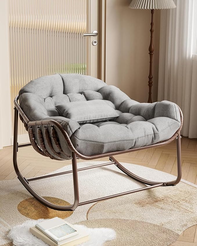 DEXSO Oversized Outdoor Papasan Rocking Chair - Metal Frame, Cushion & Wicker Rattan, for Balcony, Backyard, Porch, Bedroom (Grey)