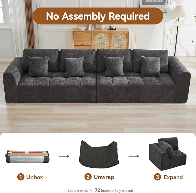140''Modular Sectional Couches for Living Room, Cloud Boneless Compressed Sectional Sofa, Oversized 4 Seater Upholstered Memory Foam Sofa, No Assembly, Chenille Grey