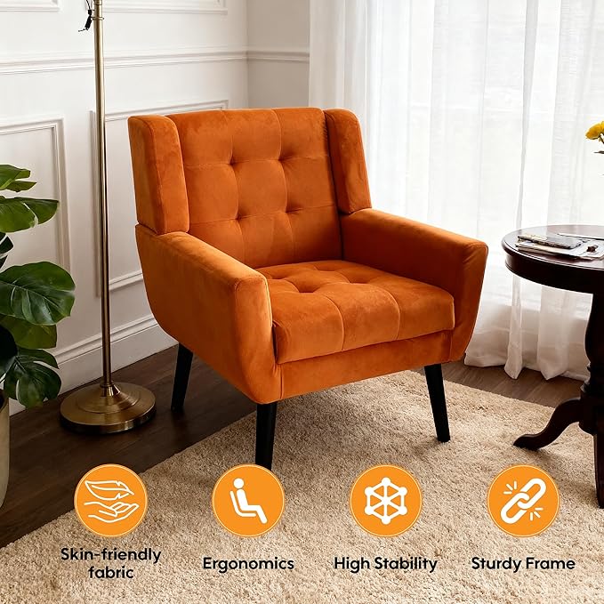 OO BY ORANGE ONLINE Velvet Accent Chair, Mid-Century Modern Tufted Armchair for Living Room, Bedroom & Office (Orange)