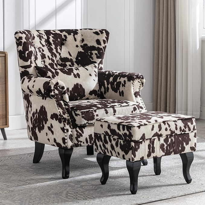 Janoray Mid Century Modern Accent Chair Upholstered Armchair Comfy Velvet Tufted Wingback Single Sofa with Ottoman for Bedroom Living Room, Cow