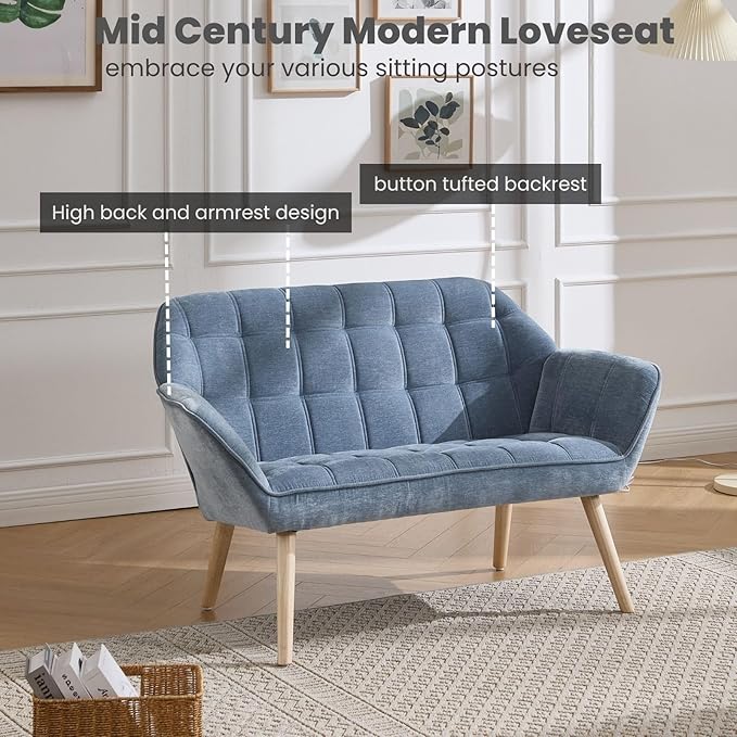 48" Small Couches for Living Room for Small Space, Mid Century Modern Loveseat with Wood Legs 2-Seat Chenille Upholstered Sofa Tufted Couches, Blue