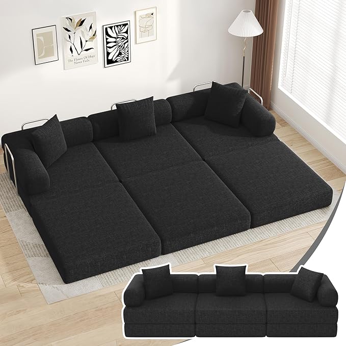 DURASPACE 117.6'' Folding Convertible Sofa Bed Boneless Foam Sectional Couches with Fixed-Shape Frame, 3-Seater Modular Floor Sleeper Sofa for Living Room (Chenille Black)
