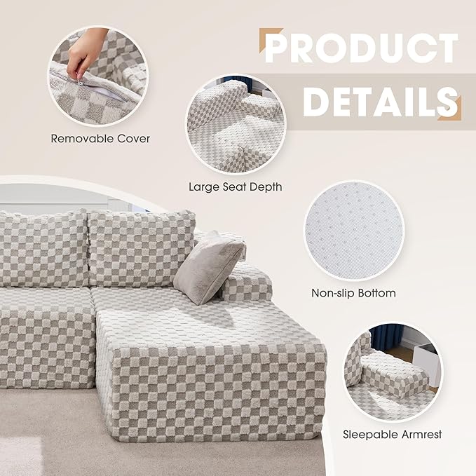 Modular Sectional Sofa Couches L-Shape Couch 3 Seat Modular Sofa Memory Foam Sectional Couches for Living Room, Cloud Couch with Oversized Chaise (GREYGREEN Check, 96" Right Facing Chaise)