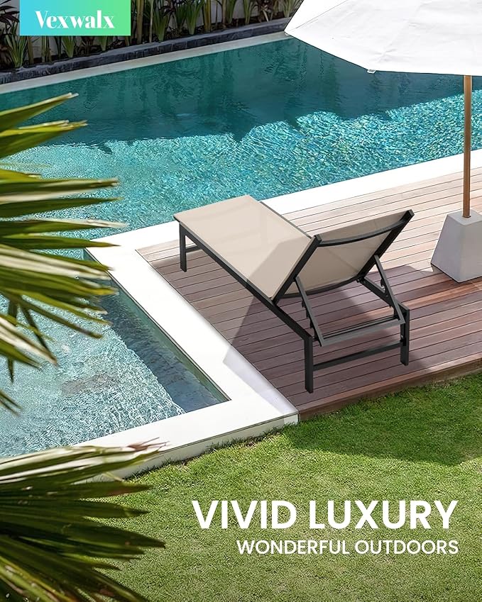 Chaise Lounge Chair for Pool, Aluminum Outdoor Lounge Chairs with 5-Position Recliner, Patio Lounge Chair for Backyard, Poolside, Lawn (Khaki)