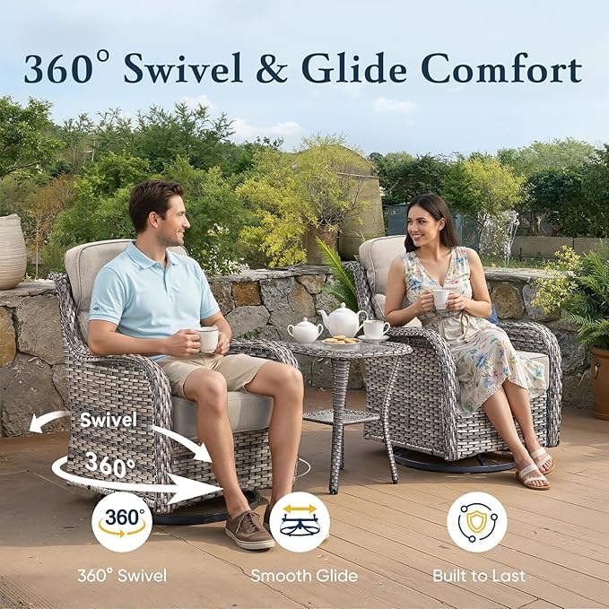 Belord Luxury 6" Thick Cushioned 6 Pieces Patio Furniture Set with Outdoor Couch, Wicker Outdoor Conversation Set with High Back Swivel Rocker Chairs for Deck Porch Yard and Poolside - Grey+Blue