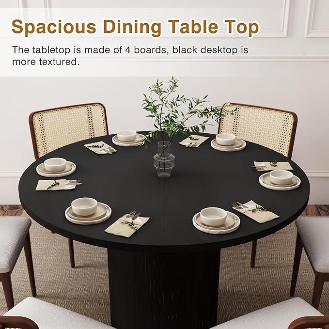 47 Inch Round Dining Table, Farmhouse Fluted Dining Kitchen Table, Modern Wood Small Circle Dining Table for Kitchen Living Room, Black