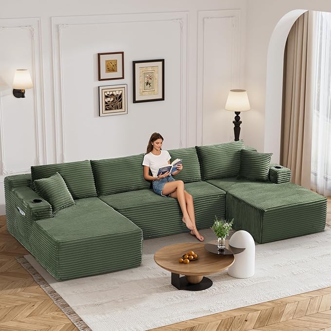 133" Oversized Cloud Boneless Sofa Couch with Chaise, Modern Corduroy U Shaped Modular Sectional Sofa with Deep Seat, Comfy Couch with Cupholders and Storage, No Assembly Required-Green