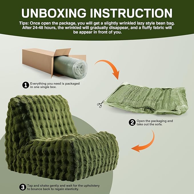 Bean Bag Chair for Adults, Giant Beanbag Lounger with Plush Faux Fur, Comfy Memory Foam Chair Floor Lazy Chair for Living Room Bedroom Dorm Apartment Reading Nook，Green