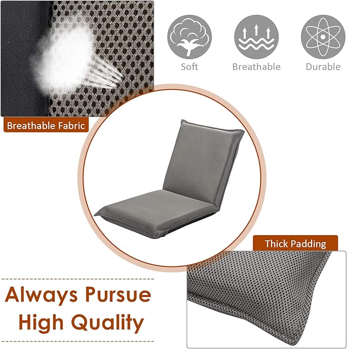BestComfort Folding Floor Chair 6-Position Adjustable Meditation Video Gaming with Back Support for Reading TV Watching, Portable Seat Lounge Sofa Kids Teens Adult, Grey (65605)