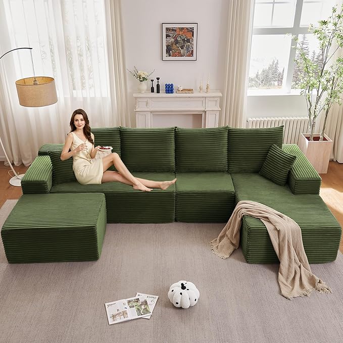 Lakifun 135" U-Shape Cloud Couch, Modern Modular Sectional Comfy L-Shape Sofa with Ottoman, Deep Seat, Upholstered Corduroy Sleeper Chaise Longue for Living Room Bedroom, No Assembly Required, Green