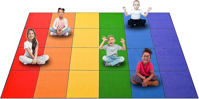 Booooom Jackson Rainbow Colorful Seating Classroom Rug for Kids Room Seating Décor, 7'54''x13'12'' Large Preschool Carpet Seating Rug for Teaching and Playroom, Non-Slip Rubber Backing