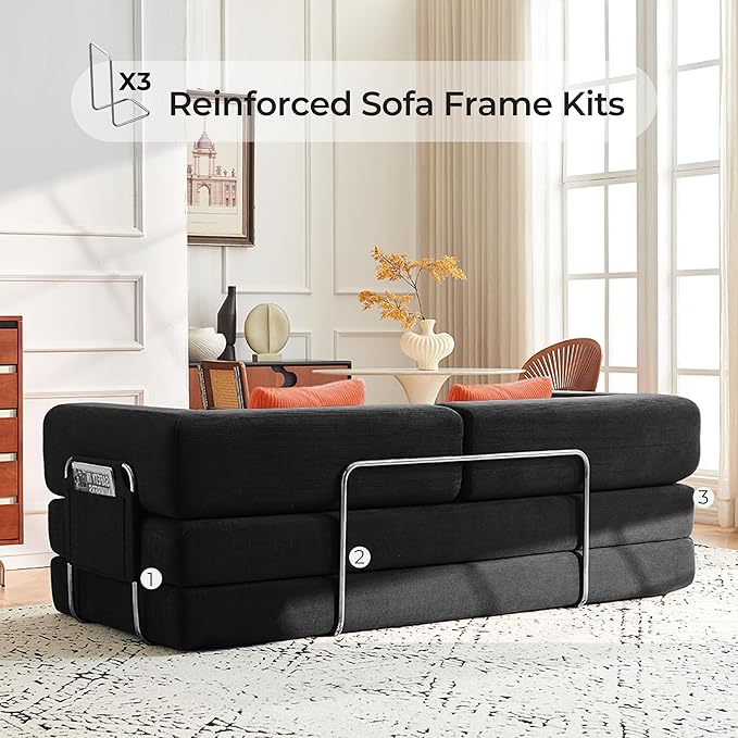 Carzzi-Life 79" Convertible Sofa Bed with Pillows, Corduroy Folding Sleeper Sofa with Fixed-Shape Frame, Boneless Couch for Living Room Bedroom, Floor Sofa Lounge No Assembly Required (Grey)