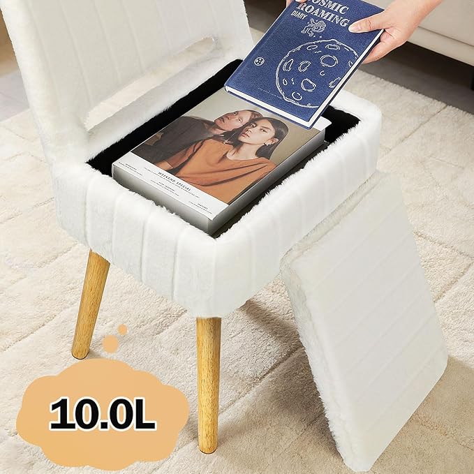 Shinoske Vanity Stool with Storage,White Faux Rabbit Fur Small Makeup Chair for Vanity,Storage Ottoman with Folding Back,Modern Footstool with 4 Solid Wood Legs for Bedroom,Living Room,Home Office