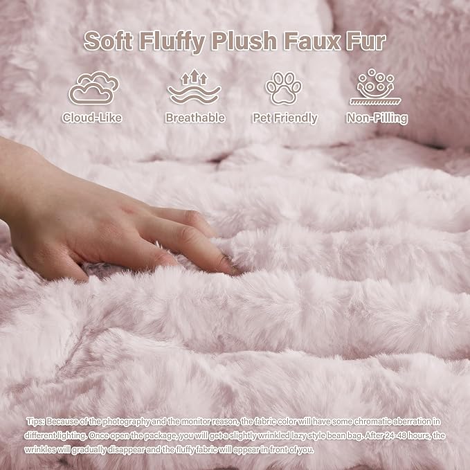 Oversized Chaise Lounge Chair Indoor with Ottoman 55" W x 75" L Round Reading Chair Plush Faux Fur Corduroy Cloud Circle Boneless Chair with 5 Pillows for Living Room - Pink