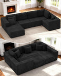 KINGYES 135'' Modular Sectional U Shaped Sofa, Upholstered Corduroy Boneless Couch Cloud Couch for Living Room, Black