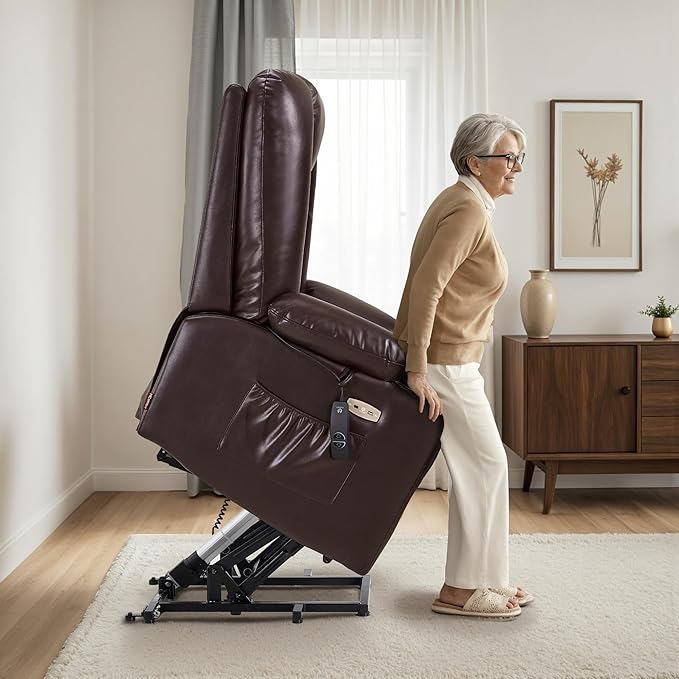 MCombo Large Power Lift Recliner Chair Sofa with Massage and Heat for Big and Tall Elderly People, 3 Positions, Cup Holders, and USB Ports, Faux Leather 7540 (Large, Dark Brown)