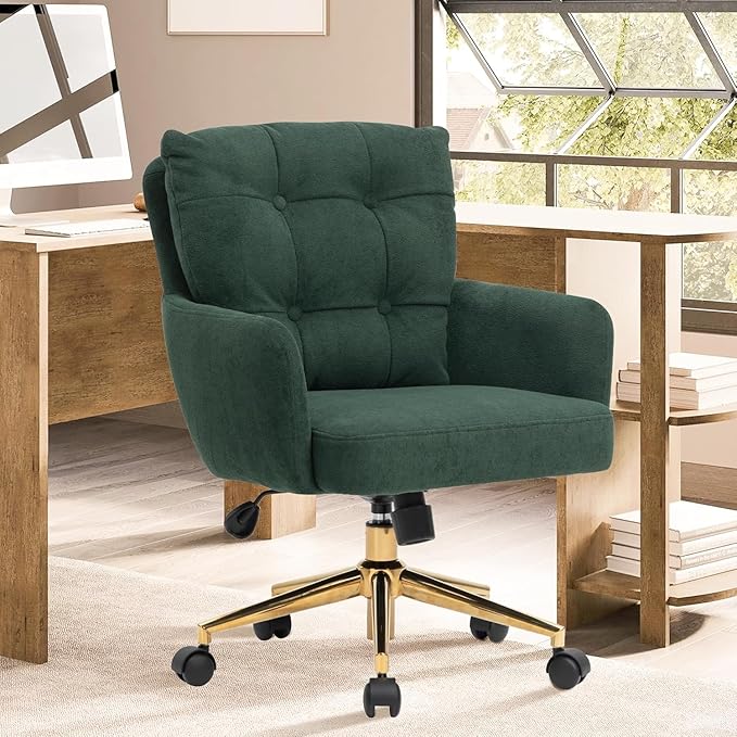 BALIAA Flannel Office Chair, Comfy Home Office Desk Chairs with Lumbar Support, Modern Velvet Desk Chair Gold Legs Small Swivel Task Chair for Home Office, Bedroom, Study (Green, L)