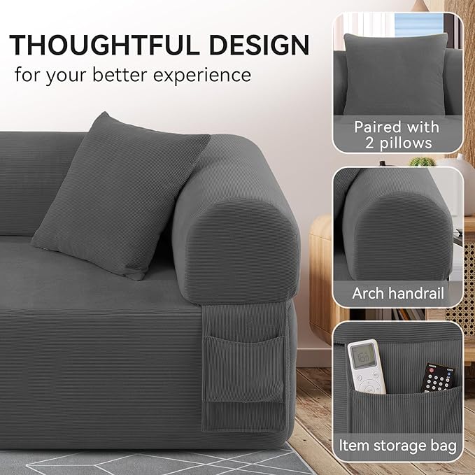 83" Boneless Couch, 3 Seater Sofa with 2 Matching Pillows Compact Corduroy Couches for Living Room Side Storage Pockets, Floor Sofa with Removable Armrests, No Assembly Required, Grey