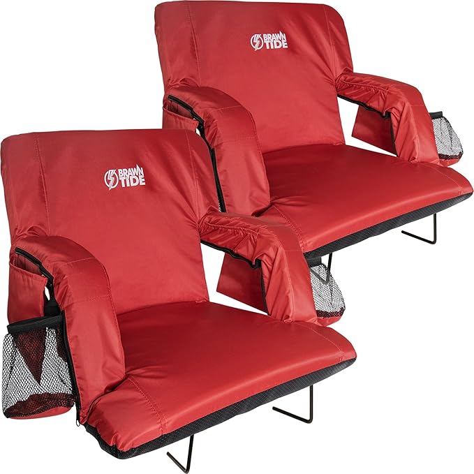 BRAWNTIDE Stadium Seat with Back Support - Comfy Cushion, Thick Padding, 2 Steel Bleacher Hooks, 4 Pockets, 2 Cup Holders, Reclining Back, Ideal Chair for Sport Events, Beaches, Camping, Concerts