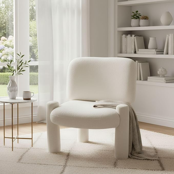 Wahson Modern Beige Accent Chair, Chenille Fabric Upholstered Single Sofa with Padded Back & Solid Wood Legs, Comfy Reading Chair Side Chair for Living Room/Bedroom/Corner, Areless
