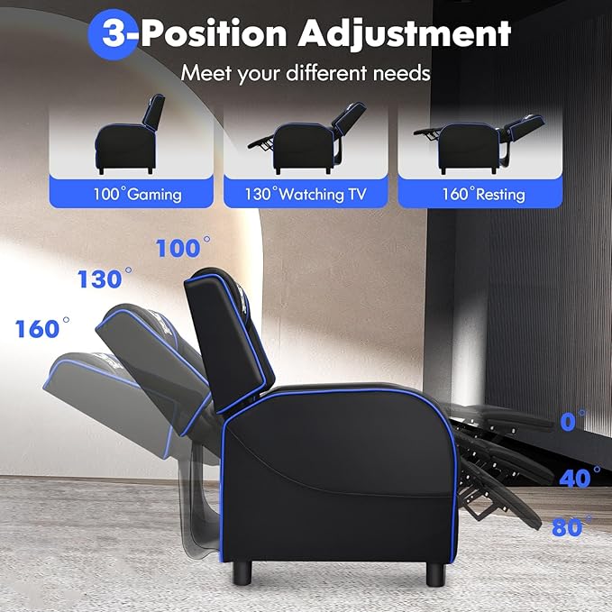 GYMAX Gaming Recliner, Massage Gaming Chair w/Adjustable Footrest, Remote Control & Side Pocket, Ergonomic Game Lounge Chair, Racing Style Single Theater Seat Game Sofa for Adults (Blue)