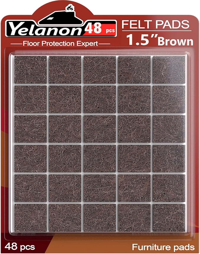 Yelanon Felt Furniture Pads -48 Pcs 1.5" Premium Felt Pads for Chair Legs Furniture, Floor Protectors for Hardwood Floors, Brown