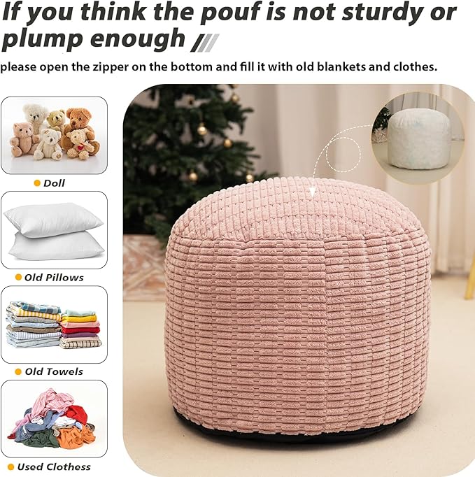 Homlazeezy Round Stuffed Pouf Ottoman for Foot Rest, Storage Ottoman Pouf Foot Stool Cushion, Faux Fur Poufs with Foam Chunk Filling, 26 X 18 Inch Floor Chair for Living Room Bedroom Home Decor, Pink