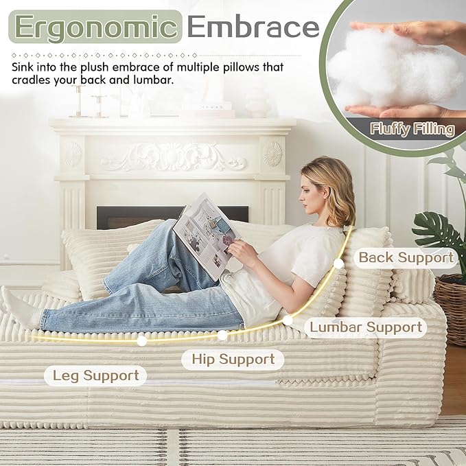 Antetek Chaise Lounge Chair Indoor, Convertible Folding Futon Sofa Bed w/ 5 Pillows, Fluffy Corduroy Boneless Compressed Memory Foam Couch for Living Room, Bedroom (Beige, Left Half)